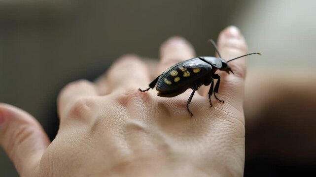 Beetle crawling on human hand in natural close-up setting