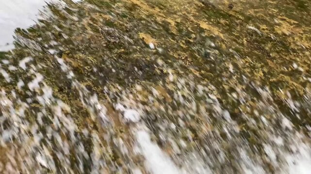 Close up of powerful water cascading down a rocky and mossy spillway. The turbulent flow creates white foam on the river surface