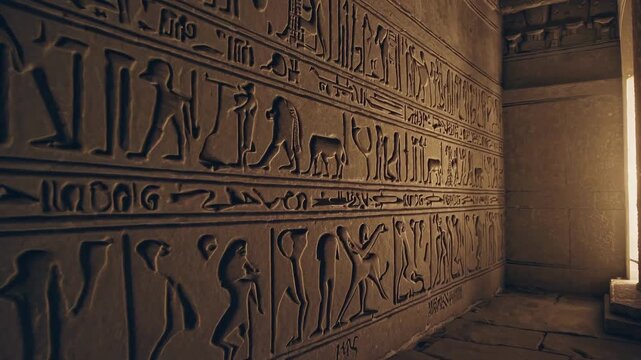 Historic Tomb Chamber. Ancient Egyptian Burial Passageway. Carved Sandstone Corridor With Hieroglyphs And Shadows. Mystical Egyptian Tomb With Detailed Inscriptions And Atmospheric Lighting