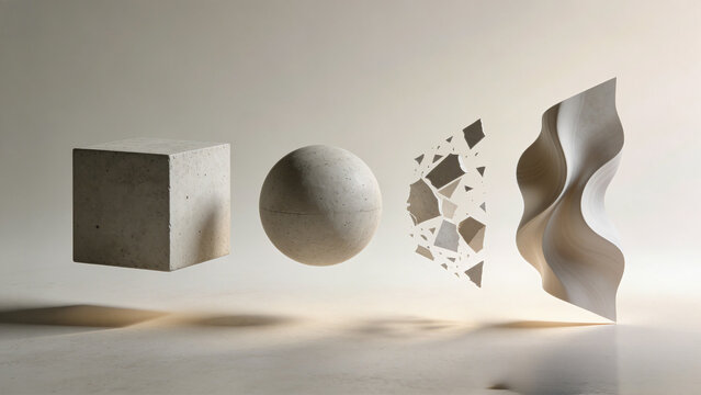 Concept of Transformation: Floating 3D Primitive Shapes and Destructured Form ,Abstract Still Life with Floating Textured Concrete Geometric Objects and Void ,Dynamic Composition of Concrete Cubes, Sp