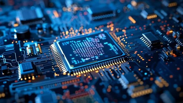Close-up view of a microchip on a circuit board with glowing blue and orange lights in a technology environment.