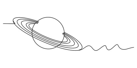 A continuous single line drawing of the planet saturn featuring rings and a decorative wavy tail Vector, illustration © Rimi Kailash Arts