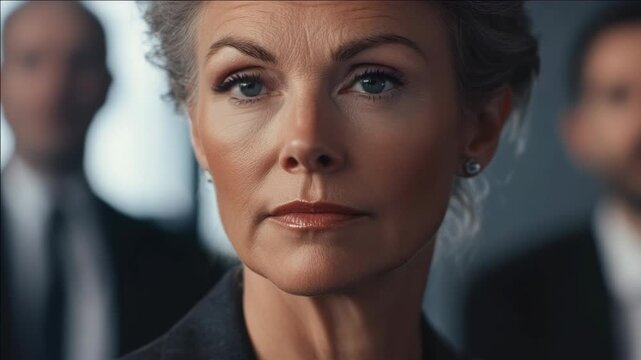 Woman in business attire with serious expression, looking up and seemingly deep in thought, possibly in an office setting.