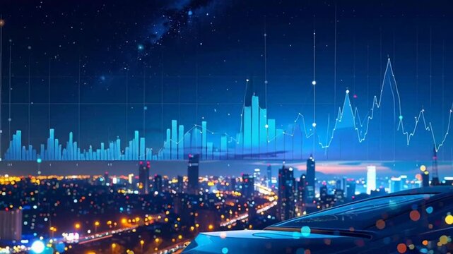 Cityscape at night displays vibrant lights and graphs on a digital screen.