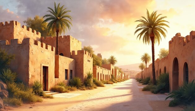 Ancient city street bathed in warm sunset glow. Stone buildings line cobblestone path with palm trees. Hills and distant town visible in hazy light. Watercolor art style.