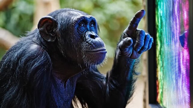 chimpanzee looking at colorful glass panel.