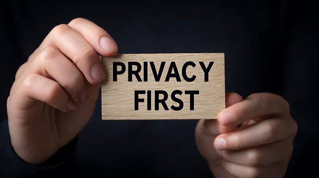 Hands hold a wooden sign with a clear message advocating for data security and personal information protection. Focus on digital ethics