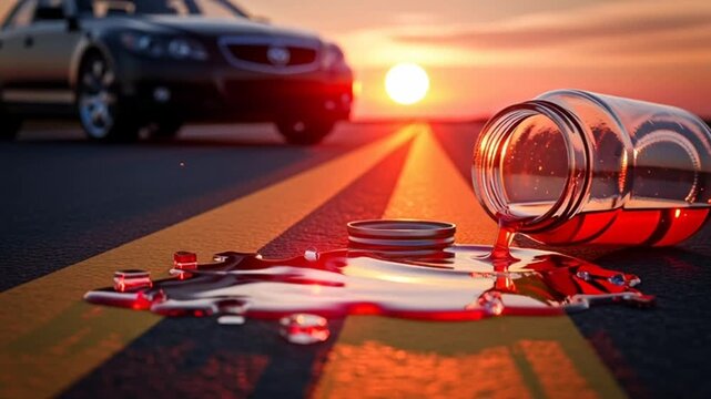 A bottle of red wine spills on the road as two cars pass by during sunset