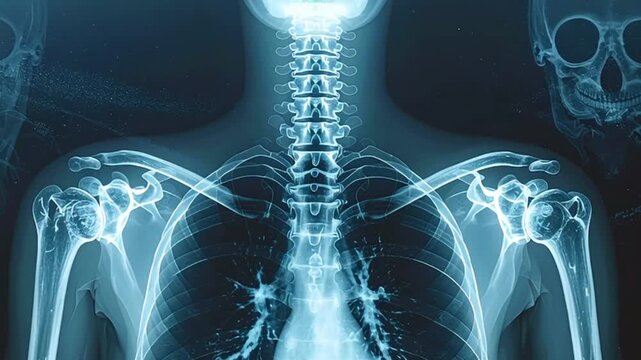 Medical X-ray image of human upper body bones showing spine and joints
