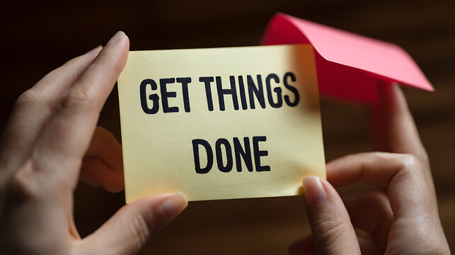 Hands hold a yellow sticky note with motivating text "GET THINGS DONE" in black letters against a dark background, inspiring productivity