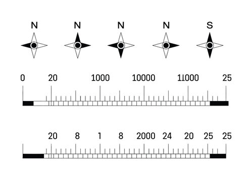North mark circular arrow icon with linear and bar scale for mapping