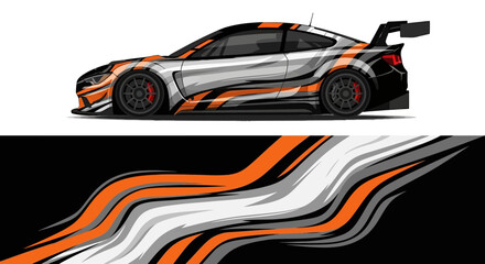 Sleek orange and black race car with dynamic white stripe livery on track. © Lailatul