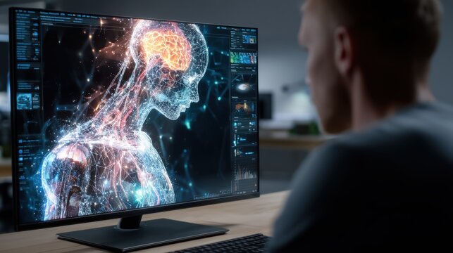 Business analyst collaborating with AI assistant on computer dashboard