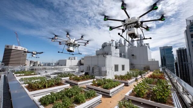 Skybound Precision: Modern drones take flight above a verdant rooftop garden, reshaping the urban landscape with their technological prowess. 