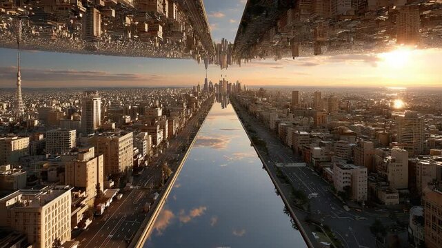 Urban Dreamscape: An artistic cityscape, seamlessly mirroring itself to create an illusion of infinity, set against a vibrant sunset sky. 