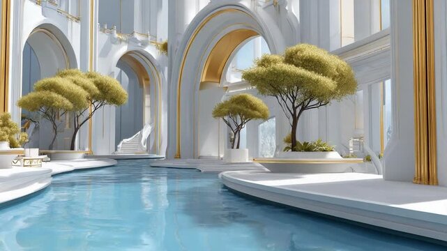 Aesthetic Palace Oasis: An ethereal indoor scene depicts an oasis of tranquility, featuring a serene pool and meticulously arranged trees within an opulent palace setting.
