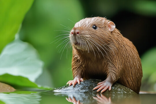 Mole Rat (Bathyergidae family) - A thick-furred mole rat sits perched on a wet stone, its delicate whiskers & dark eyes alert as it overlooks a tranquil, sunlit pond surrounded by vibrant green leaves
