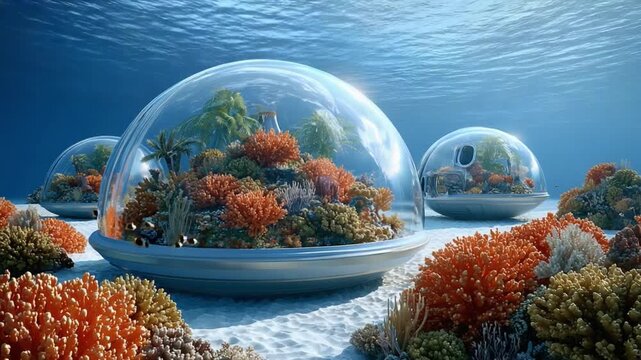 Underwater Sanctuary: Captivating view of marine ecosystem in transparent structures, showcasing vibrant corals, lush plants, and aquatic life thriving in the underwater sanctuary.