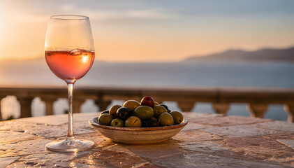Fototapeta premium Elegant wine glass filled with rose and a bowl of assorted olives on a textured stone table, overlooking a tranquil ocean and distant mountains at sunset