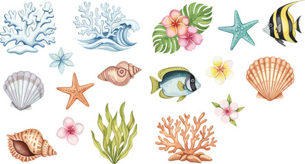 Marine Tropical Ocean Element Collection Vector Illustration Featuring Coral Fish Seashell Starfish Waves and Sea Plants in Detailed Style © Kulsum