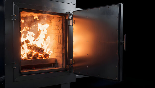 Industrial-grade commercial firebox with an open door revealing vibrant, burning logs and glowing embers, set against a dark, contrasting background