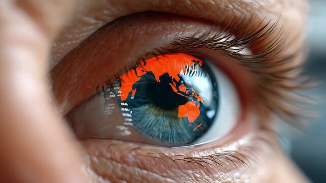 World in Sight: A macro shot captures the intricate reflection of the world map within a human eye, symbolizing global awareness and perspective.