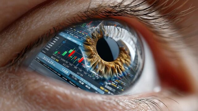 Eye of Finance: A striking macro shot captures the intricate detail of an eye, with the reflection of stock market data, symbolizes vision and insight in the world of financial markets.