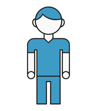 Simple faceless male person standing in blue outfit minimal flat design full body human avatar icon