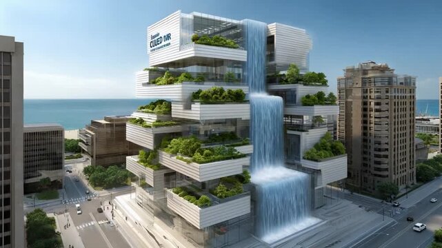 Water Fall building: An impressive architectural marvel with a cascading waterfall, integrating nature seamlessly into the urban landscape and creating an innovative structure. 