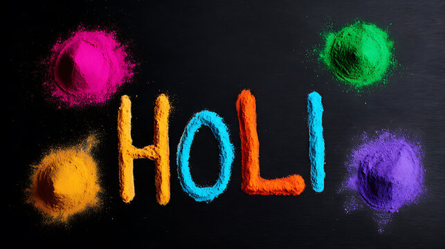 Vibrant and Colorful "HOLI" Text Made with Dry Powder on Dark Background, Representing Festive Joy and Cultural Celebration