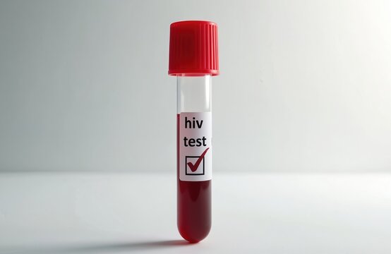 Blood sample in test tube marked HIV TEST with red cap, close up view on white background. Medical lab equipment used for disease screening and diagnosis.