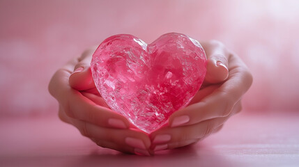 Obraz premium Hands Holding a Glowing Crystal Heart on Pink Background