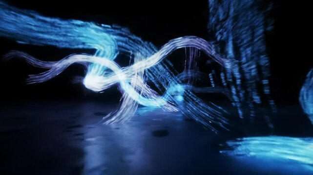 Luminous electric blue, radiant white, and amethyst data particles surge into complex neural network patterns in a vast, sleek, obsidian digital space. High-contrast neon glows. Slow push-in, lateral