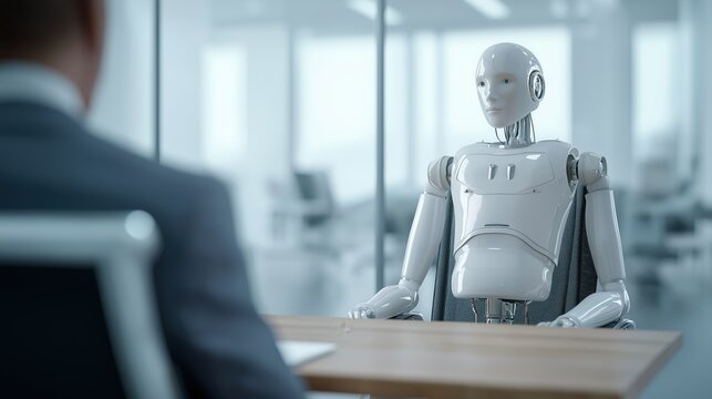 Diverse hiring panel interviewing humanoid robot candidate, inclusive recruitment and AI hiring concept