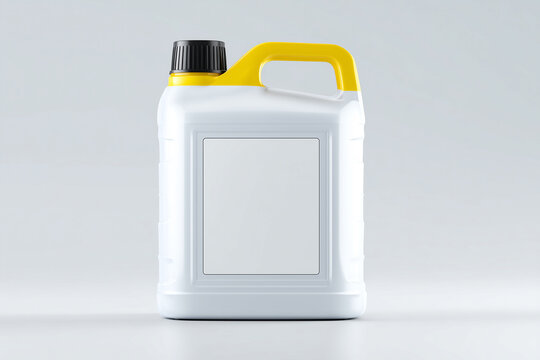 Agricultural pesticide container with clean white background, modern jerry can style packaging with blank label design.