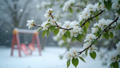 Naklejka premium White flowers and green leaves on tree branch covered by snow. Out of focus background shows empty swing set on a winter day. Unexpected cold snap damages spring bloom.
