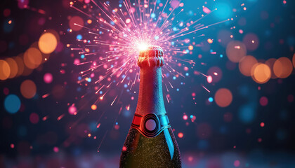 Naklejka premium Champagne bottle opens with sparks and light streams. Festive bubbly drink celebrates special occasion. Happy mood, bright lights, dark background, exciting moment.