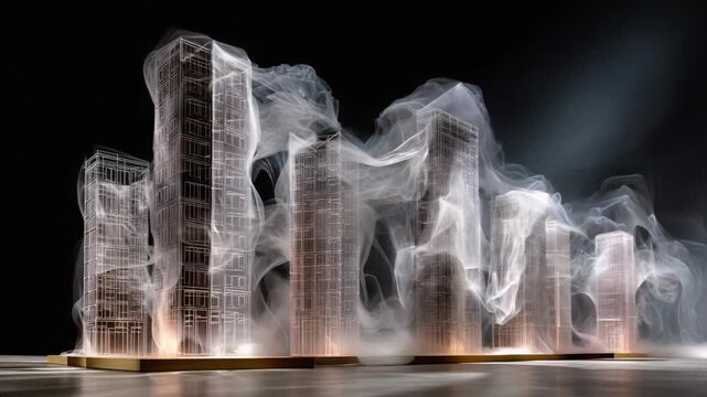 Phantom City: An evocative abstract cityscape shrouded in ethereal mist, a captivating blend of architecture and atmospheric artistry.