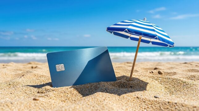 A shiny blue credit card stands upright in the sand next to a small striped beach umbrella on a sunny beach.