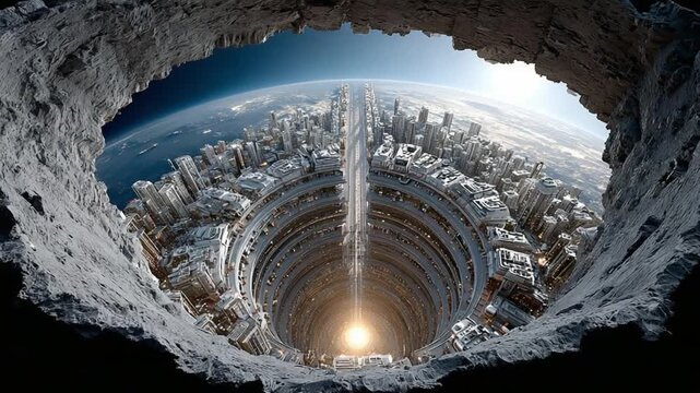 City in the Core: Futuristic cityscape, nestled within a colossal, man-made cavity, with light emitting from a central point, symbolizing innovation and the nexus of a new urban civilization. 