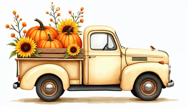 Cream colored vintage truck overflows with pumpkins and sunflowers. Autumn harvest arranged in wooden crate on back of retro vehicle. Small bird rests on hood.