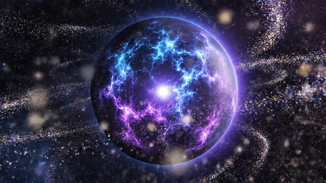 Cosmic sphere floating in space surrounded by stellar particles and nebulas