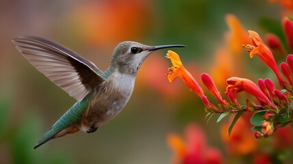 Fototapeta premium A graceful hummingbird with muted green and white feathers prepares to feed from vibrant orange flower buds.