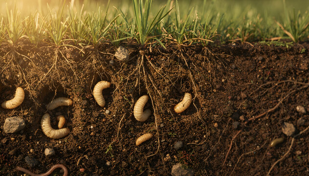 Cross-section of vibrant green grass and soil revealing a subterranean ecosystem with healthy roots, abundant grubs, and a worm, bathed in warm sunlight