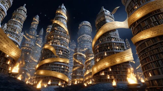 Whispers of Knowledge: Towering structures reaching for the night sky, their surfaces adorned with the intricate details of countless books and glowing script. A captivating scene of a dreamscape.