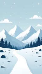 Obraz premium Snowy mountain landscape with a winding path through pine trees and snow covered rocks. Cold winter scene under a clear blue sky with stars and clouds. Peaceful nature environment.
