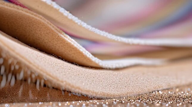 Close-up of folded fabric with beaded trim, light colors, soft edges, texture, sparkles underneath, hints of blue, pink, and yellow