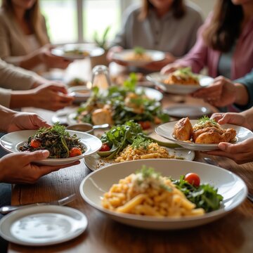 People share food at a long wooden table. Friends and family enjoy a communal meal with various dishes. Gathering for lunch or dinner together.