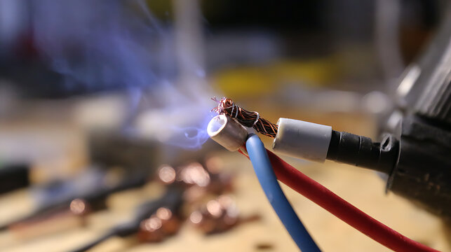 Close-up of a bare copper wire and an insulated electrical cable being joined with heat, producing blue smoke and a bright glow, professional work