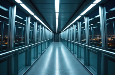 Fototapeta premium Empty modern airport jet bridge walkway interior at night. Geometric perspective tunnel with glass walls and bright lights leading to distant door. Cityscape visible outside.